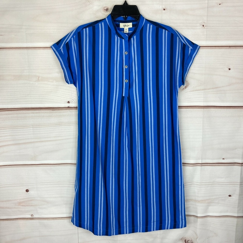 Style&Co Dress Womens XS Blue Shirt Cotton Striped Button-Front Short Sleeve